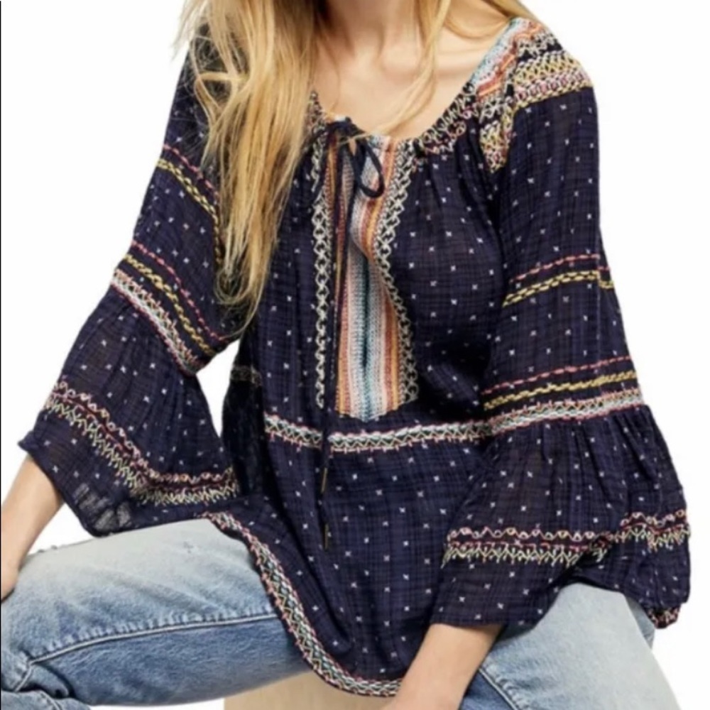 Free People Women’s Talia Embroided Blouse Color Navy Blue Size Medium